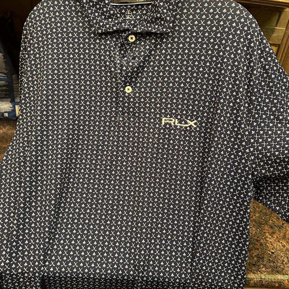 Ralph Lauren RLX golf shirt, size, large navy with golf clubs and shamrocks.
